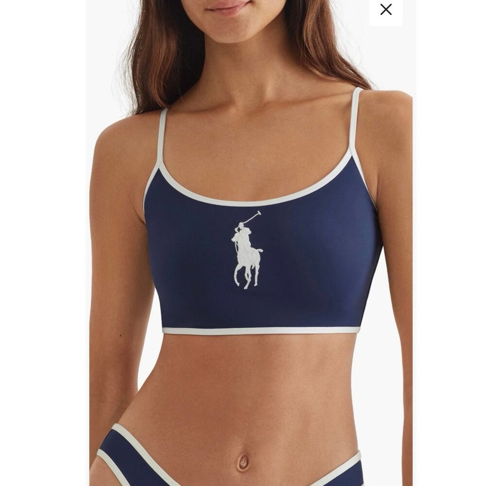 NWOT Polo Ralph Lauren Contrast Binding Bikini Top in Navy Blue SZ S